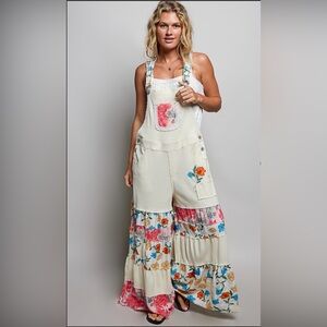POL Cream Floral Patch Pocket Overalls